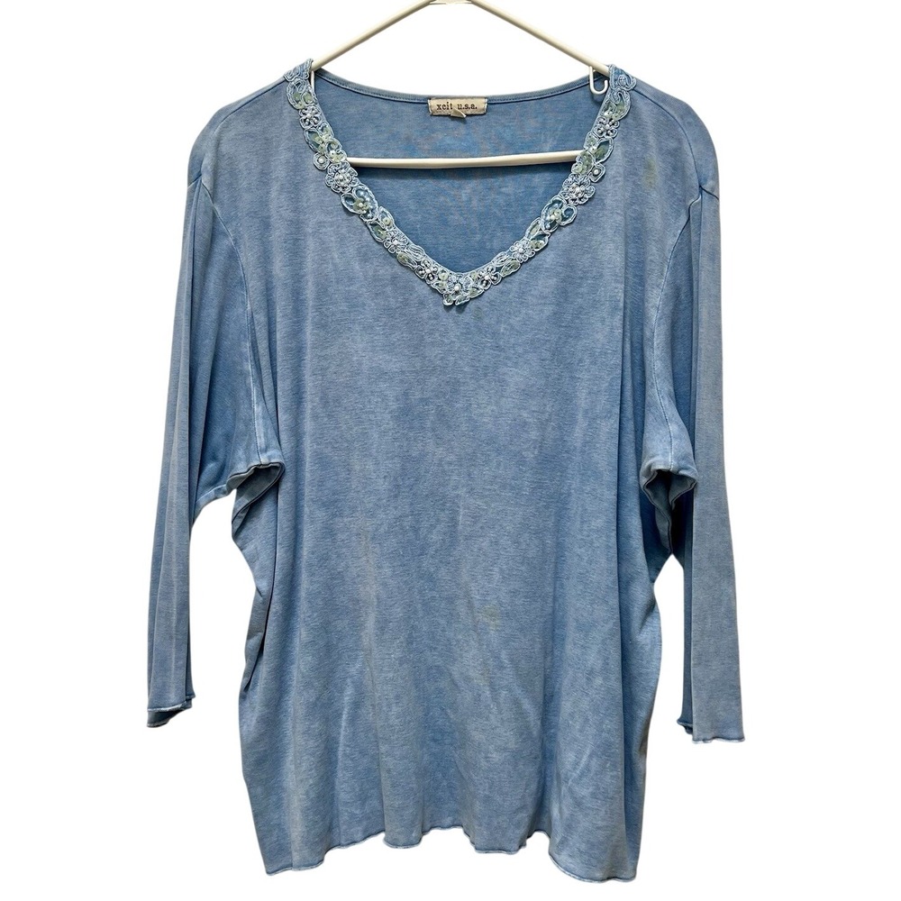 VTG Xcit USA Blue Tie‎ Dye Knit V Neck 3/4 Sleeve Top Plus Size 1X Cotton 90s